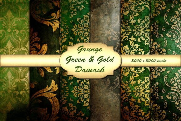 Green Gold Grunge Damask Backgrounds