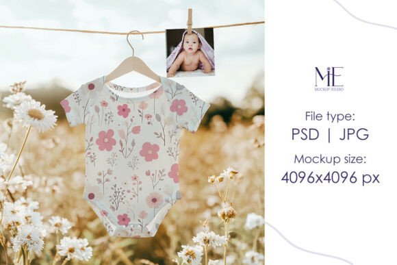 Onesie and Card Mockup Baby Bodysuit PSD
